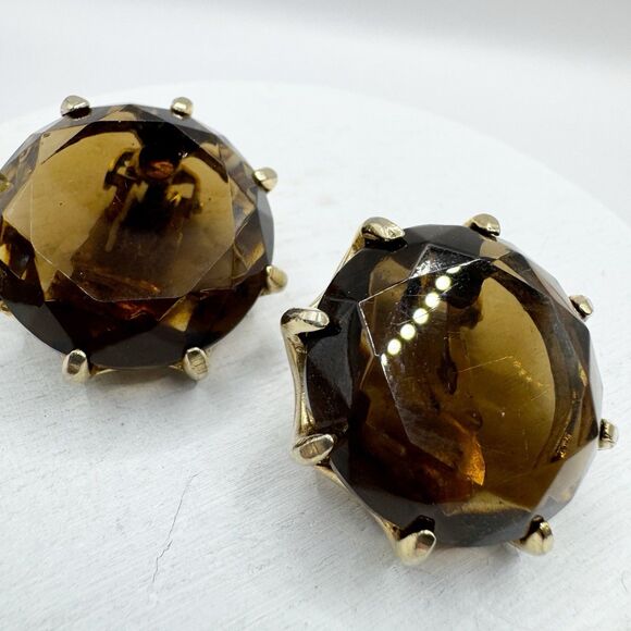 Vintage Smoky Topaz Amber Root beer Glass Large Headlight Clip On Earrings - Picture 8 of 10